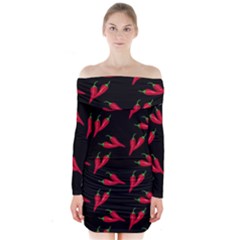 Red, hot jalapeno peppers, chilli pepper pattern at black, spicy Long Sleeve Off Shoulder Dress
