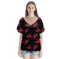Red, Hot Jalapeno Peppers, Chilli Pepper Pattern At Black, Spicy V-neck Flutter Sleeve Top by Casemiro