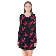 Red, hot jalapeno peppers, chilli pepper pattern at black, spicy Long Sleeve V-neck Flare Dress