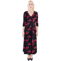 Red, hot jalapeno peppers, chilli pepper pattern at black, spicy Quarter Sleeve Wrap Maxi Dress
