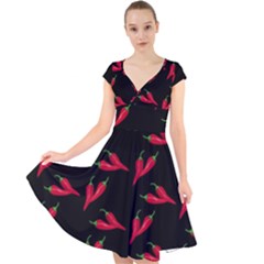 Red, hot jalapeno peppers, chilli pepper pattern at black, spicy Cap Sleeve Front Wrap Midi Dress