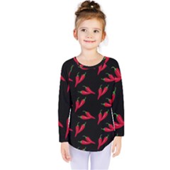 Red, hot jalapeno peppers, chilli pepper pattern at black, spicy Kids  Long Sleeve Tee