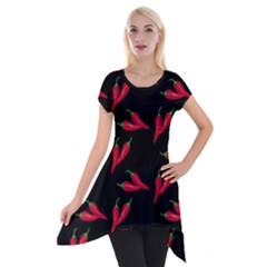 Red, hot jalapeno peppers, chilli pepper pattern at black, spicy Short Sleeve Side Drop Tunic