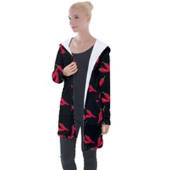 Red, hot jalapeno peppers, chilli pepper pattern at black, spicy Longline Hooded Cardigan