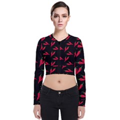Red, hot jalapeno peppers, chilli pepper pattern at black, spicy Long Sleeve Zip Up Bomber Jacket