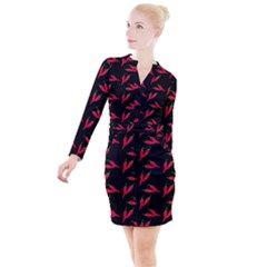 Red, hot jalapeno peppers, chilli pepper pattern at black, spicy Button Long Sleeve Dress