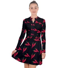 Red, hot jalapeno peppers, chilli pepper pattern at black, spicy Long Sleeve Panel Dress