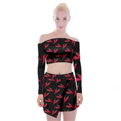 Red, Hot Jalapeno Peppers, Chilli Pepper Pattern At Black, Spicy Off Shoulder Top With Mini Skirt Set