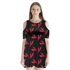 Red, hot jalapeno peppers, chilli pepper pattern at black, spicy Shoulder Cutout Velvet One Piece