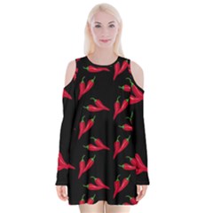 Red, hot jalapeno peppers, chilli pepper pattern at black, spicy Velvet Long Sleeve Shoulder Cutout Dress