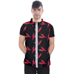 Red, hot jalapeno peppers, chilli pepper pattern at black, spicy Men s Puffer Vest