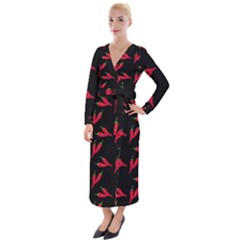 Red, hot jalapeno peppers, chilli pepper pattern at black, spicy Velvet Maxi Wrap Dress