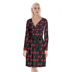 Red, hot jalapeno peppers, chilli pepper pattern at black, spicy Long Sleeve Velvet Front Wrap Dress