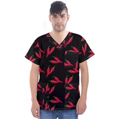 Red, hot jalapeno peppers, chilli pepper pattern at black, spicy Men s V-Neck Scrub Top