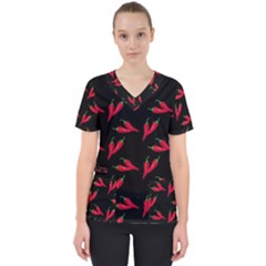 Red, hot jalapeno peppers, chilli pepper pattern at black, spicy Women s V-Neck Scrub Top