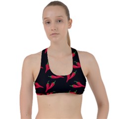 Red, hot jalapeno peppers, chilli pepper pattern at black, spicy Criss Cross Racerback Sports Bra