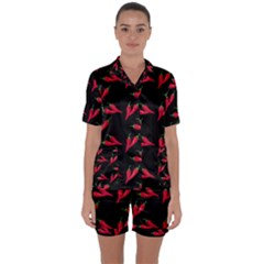 Red, hot jalapeno peppers, chilli pepper pattern at black, spicy Satin Short Sleeve Pyjamas Set