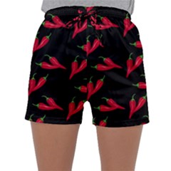 Red, hot jalapeno peppers, chilli pepper pattern at black, spicy Sleepwear Shorts