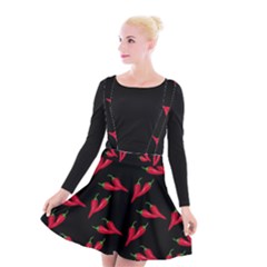 Red, Hot Jalapeno Peppers, Chilli Pepper Pattern At Black, Spicy Suspender Skater Skirt by Casemiro