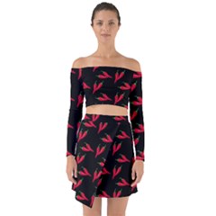 Red, hot jalapeno peppers, chilli pepper pattern at black, spicy Off Shoulder Top with Skirt Set