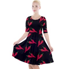 Red, hot jalapeno peppers, chilli pepper pattern at black, spicy Quarter Sleeve A-Line Dress