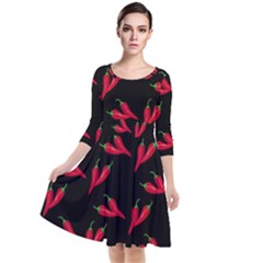 Red, hot jalapeno peppers, chilli pepper pattern at black, spicy Quarter Sleeve Waist Band Dress