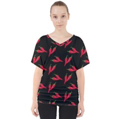 Red, hot jalapeno peppers, chilli pepper pattern at black, spicy V-Neck Dolman Drape Top