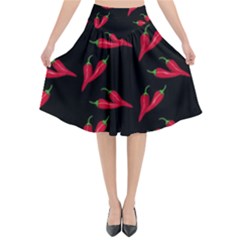 Red, hot jalapeno peppers, chilli pepper pattern at black, spicy Flared Midi Skirt