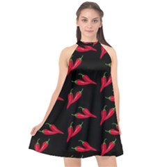 Red, hot jalapeno peppers, chilli pepper pattern at black, spicy Halter Neckline Chiffon Dress 