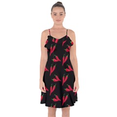 Red, hot jalapeno peppers, chilli pepper pattern at black, spicy Ruffle Detail Chiffon Dress