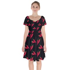 Red, hot jalapeno peppers, chilli pepper pattern at black, spicy Short Sleeve Bardot Dress