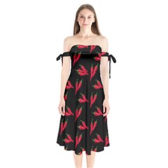 Red, hot jalapeno peppers, chilli pepper pattern at black, spicy Shoulder Tie Bardot Midi Dress