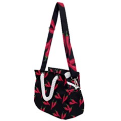 Red, Hot Jalapeno Peppers, Chilli Pepper Pattern At Black, Spicy Rope Handles Shoulder Strap Bag by Casemiro