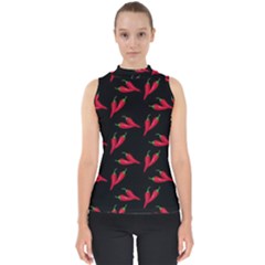 Red, hot jalapeno peppers, chilli pepper pattern at black, spicy Mock Neck Shell Top
