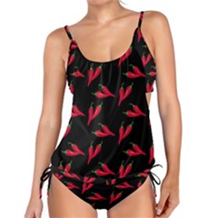 Red, hot jalapeno peppers, chilli pepper pattern at black, spicy Tankini Set