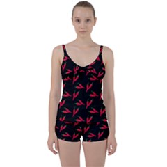 Red, Hot Jalapeno Peppers, Chilli Pepper Pattern At Black, Spicy Tie Front Two Piece Tankini