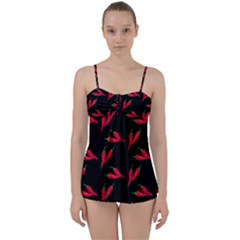 Red, hot jalapeno peppers, chilli pepper pattern at black, spicy Babydoll Tankini Set