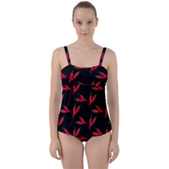Red, hot jalapeno peppers, chilli pepper pattern at black, spicy Twist Front Tankini Set