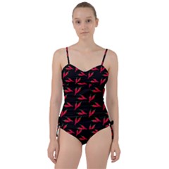 Red, hot jalapeno peppers, chilli pepper pattern at black, spicy Sweetheart Tankini Set