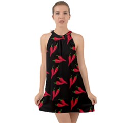 Red, Hot Jalapeno Peppers, Chilli Pepper Pattern At Black, Spicy Halter Tie Back Chiffon Dress