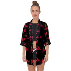 Red, hot jalapeno peppers, chilli pepper pattern at black, spicy Open Front Chiffon Kimono