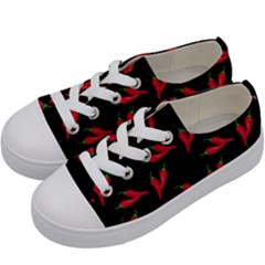 Red, Hot Jalapeno Peppers, Chilli Pepper Pattern At Black, Spicy Kids  Low Top Canvas Sneakers