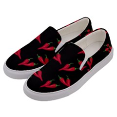 Red, hot jalapeno peppers, chilli pepper pattern at black, spicy Men s Canvas Slip Ons