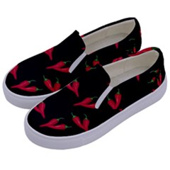 Red, hot jalapeno peppers, chilli pepper pattern at black, spicy Kids  Canvas Slip Ons