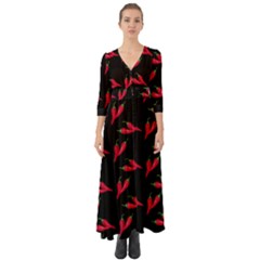 Red, hot jalapeno peppers, chilli pepper pattern at black, spicy Button Up Boho Maxi Dress