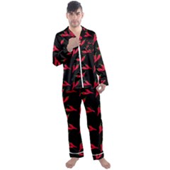 Red, hot jalapeno peppers, chilli pepper pattern at black, spicy Men s Long Sleeve Satin Pyjamas Set