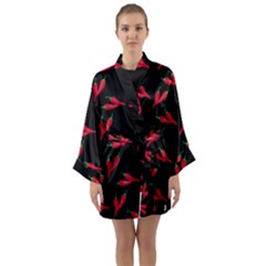 Red, hot jalapeno peppers, chilli pepper pattern at black, spicy Long Sleeve Satin Kimono