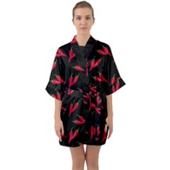 Red, Hot Jalapeno Peppers, Chilli Pepper Pattern At Black, Spicy Half Sleeve Satin Kimono 