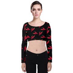 Red, hot jalapeno peppers, chilli pepper pattern at black, spicy Velvet Long Sleeve Crop Top