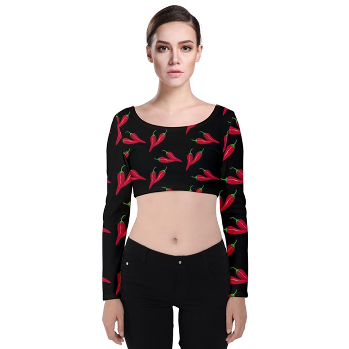 Red, hot jalapeno peppers, chilli pepper pattern at black, spicy Velvet Long Sleeve Crop Top